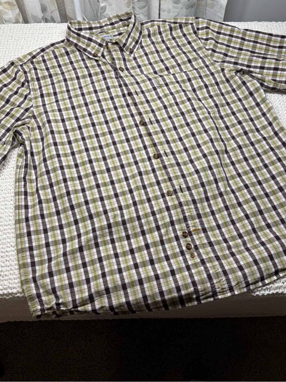 Carhartt Men's Olive, Brown & White Plaid Button-Down Shirt